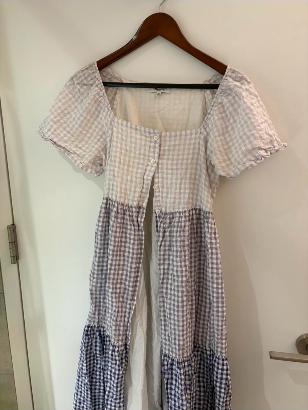 Madewell Blue Gingham Tiered Button Front Flutter Sleeve Dress